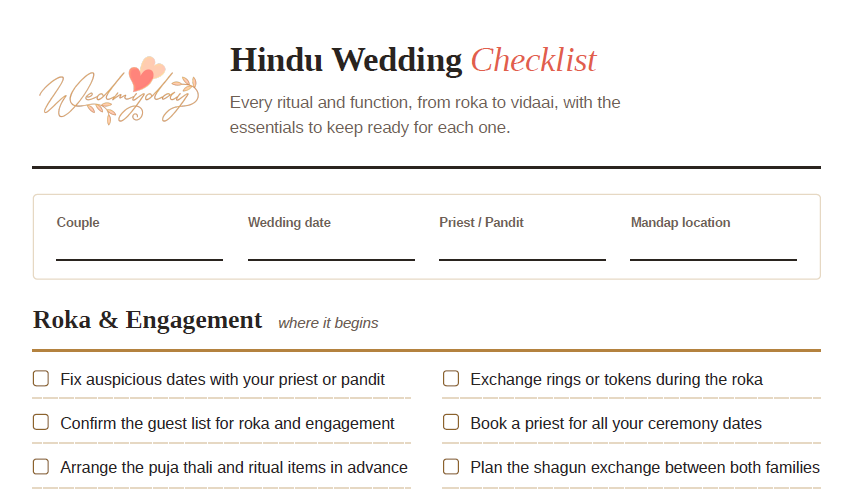 Hindu Wedding Checklist
