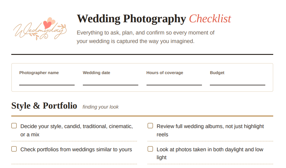 Wedding Photography Checklist